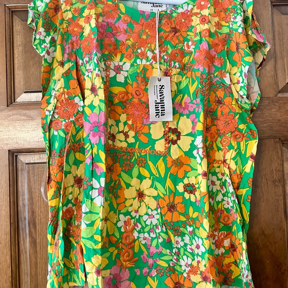 Savanna Jane Boho Mod Floral Flutter Sleeve Top - Embroidered Details - 2X NWT - Picture 11 of 11